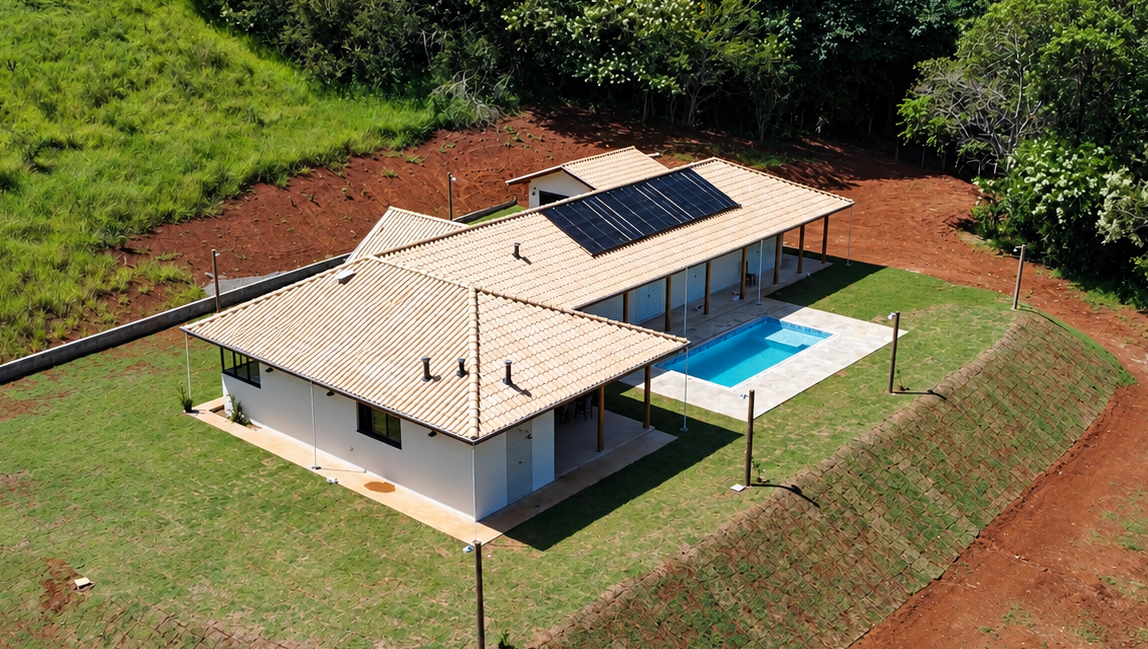 Vista aérea de residência com piscina e telhado de madeira, obra conduzida pela Integra Engenharia